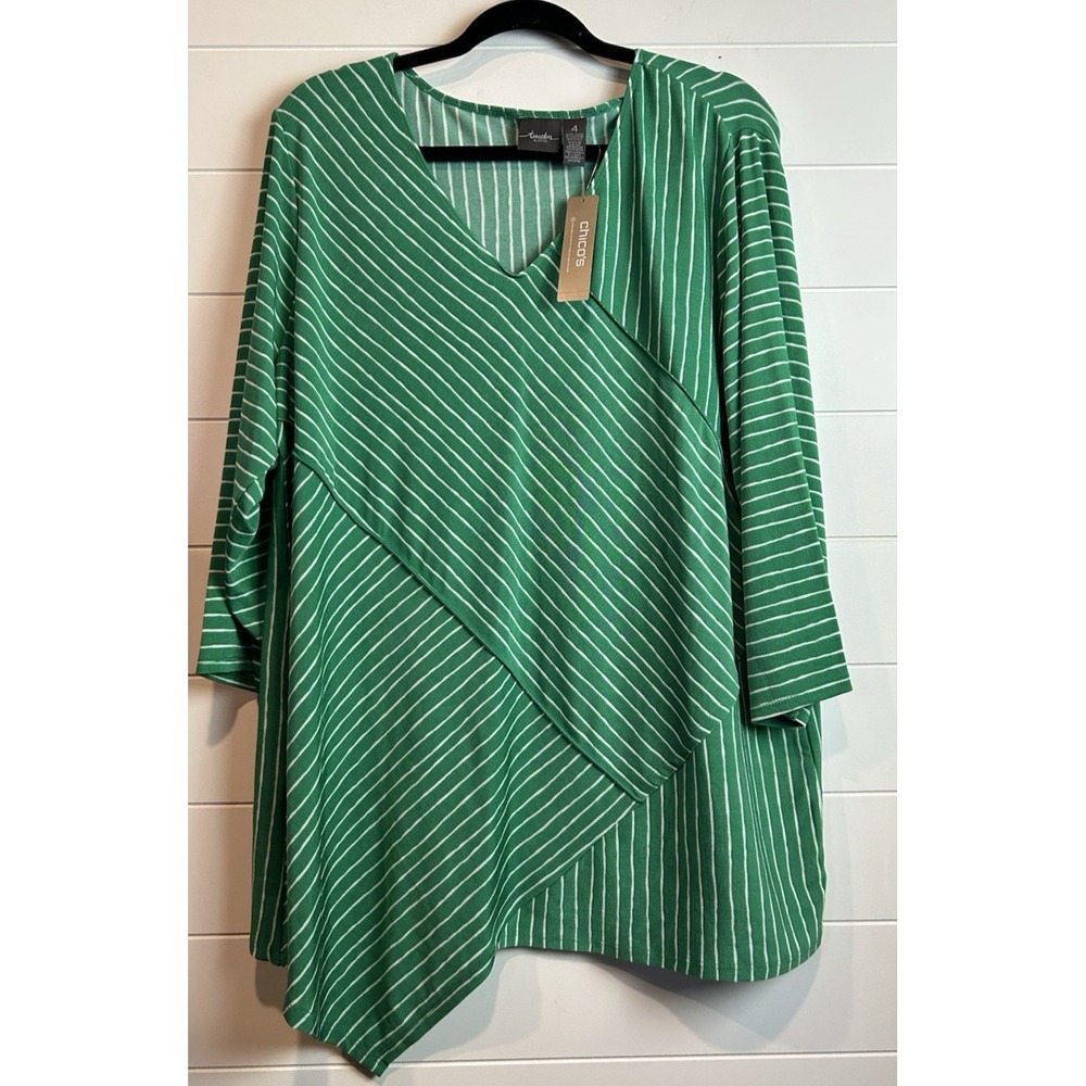 Chico's Travelers Striped Tunic 3/4 Sleeve Light Cabana Green Sz 4 (XL) NWT